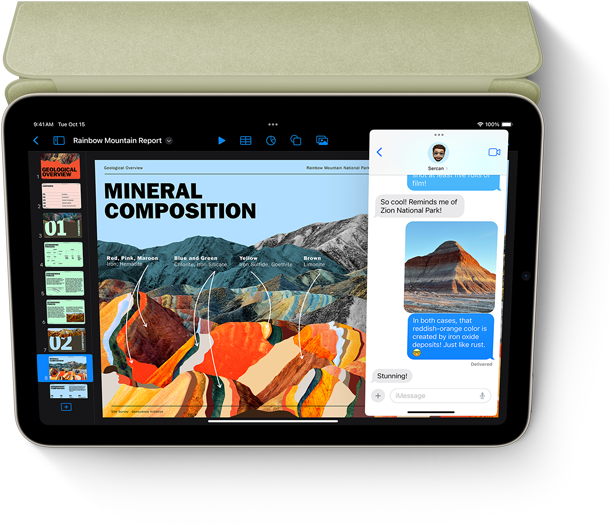 iPad mini в хоризонтална позиция, показващ Keynote и Messages със Slide Over.