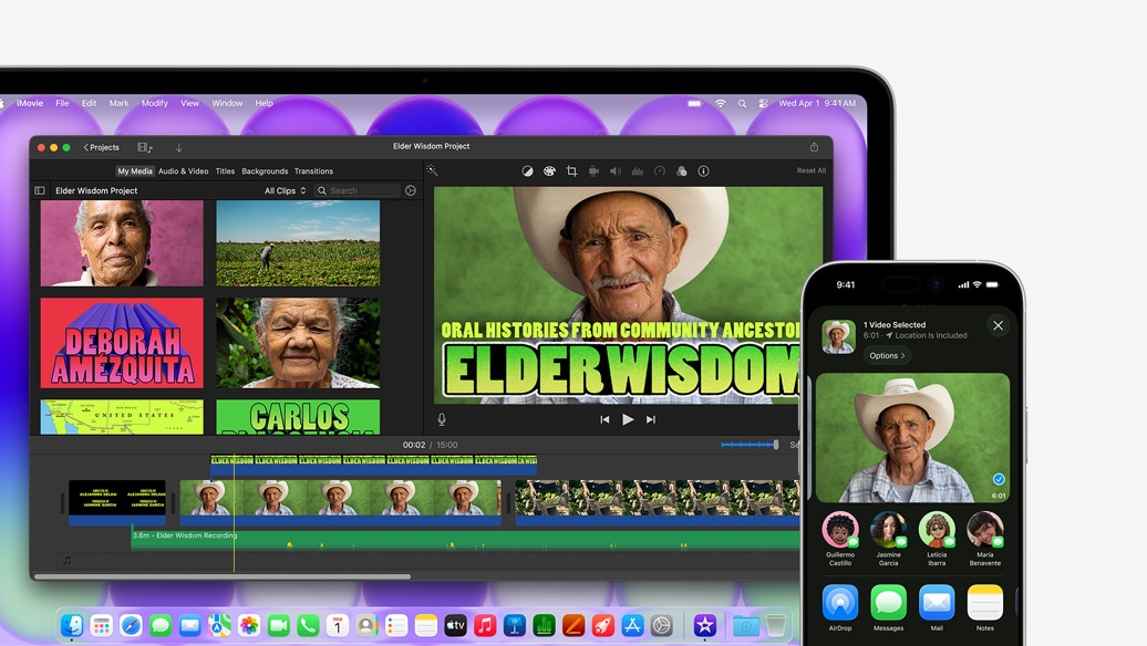MacBook Neo, цвят сребърно, показващ прозорец на iMovie, озаглавен „Проект Мъдрост на старейшините“, до iPhone, показващ видео на един от хората, изобразени в прозореца на iMovie, под видеото е списък с опции за споделяне, включително AirDrop.