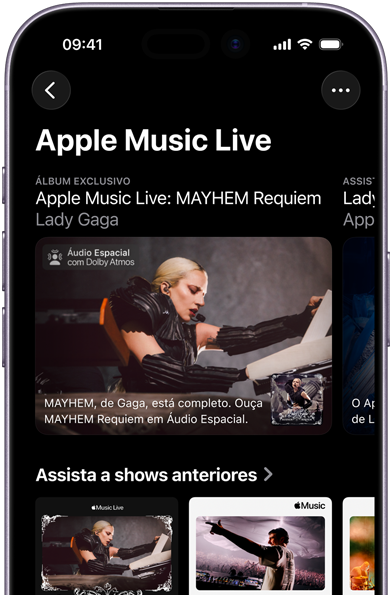 Tela do Apple Music Live no iPhone mostrando Assista Agora e shows anteriores