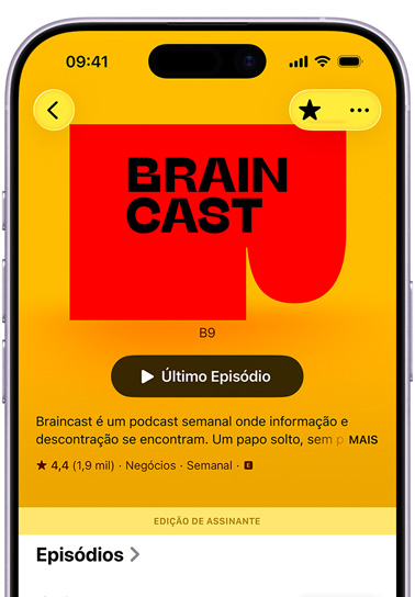 A tela do iPhone mostra o canal The New York Times no Apple Podcasts, com o texto "Como as notícias deveriam soar", 42 programas, um banner da Edição para Assinantes acima da seção Meus Programas, que inclui Modern Love, The Wirecutter Show e um terceiro programa parcialmente visível, todos na categoria Sociedade e Cultura.