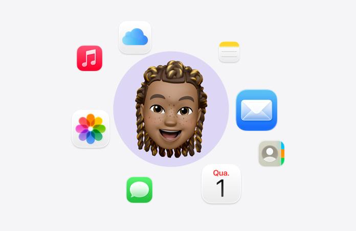 Emoji de rosto sorridente cercado por vários ícones de apps: Música, iCloud Drive, Notas, Mail, Contatos, Calendário, Mensagens e Fotos