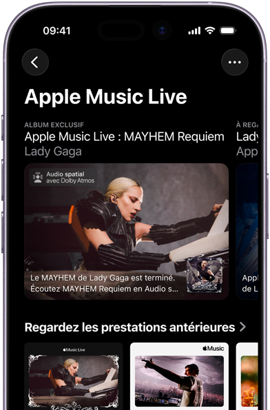 Apple Music Live sur l’écran d’iPhone, affichant les catégories À regarder dès maintenant et Performances précédentes