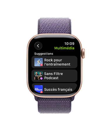 Apple Watch Series 11, or rose, boîtier en aluminium, Apple Music, suggestions de musique et de balados, côté droit, couronne Digital Crown, bracelet, sport à rabat brume violette