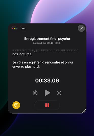 Écran affichant un enregistrement audio en cours dans l’app Notes.
