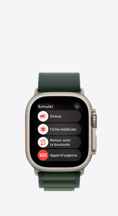 Une Apple Watch affichant une liste de fonctionnalités d’urgence : Sirène, Fiche médicale, Retour avec la boussole et Appel d’urgence