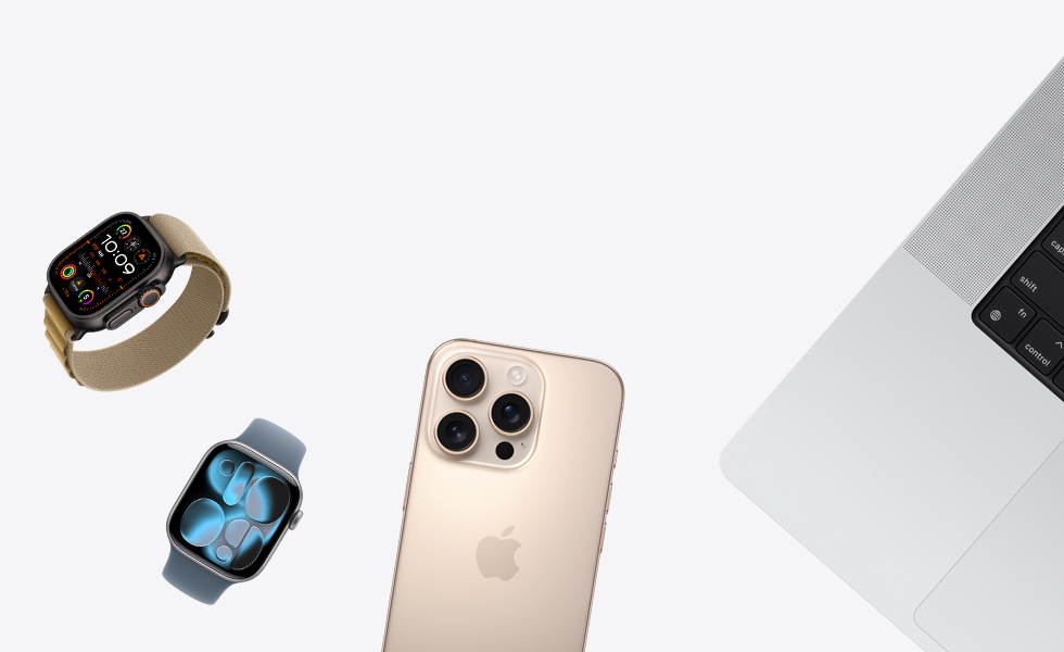 Image montrant divers produits : une Apple Watch en fini naturel avec bracelet Alpin havane, une Apple Watch argent avec bracelet sport à rabat pervenche, un iPhone titane sable et un MacBook argent