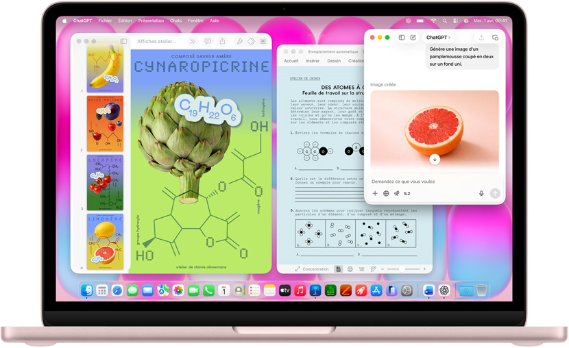 MacBook Neo, rose pastel, ChatGPT en cours d’utilisation pour générer une image de pamplemousse, d’autres fenêtres montrent une présentation Keynote intitulée Affiches atelier... qui présente des images de fruits et légumes et leurs composés moléculaires, et un document Microsoft Word sur le même sujet
