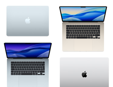 Quatre Mac de différents modèles, formats et couleurs, illustrant les options de personnalisation
