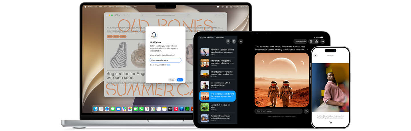 Tři produkty včetně stříbrného 14placového MacBooku Pro, na kterém je zapnutá funkce Oznámit, stříbrného 11palcového iPadu Pro, na kterém je otevřený Image Playground s obrázkem dvou astronautů vybraným ze seznamu na bočním panelu, a stříbrného iPhonu 17 Pro, na kterém je zobrazená ukázka úpravy fotky pomocí funkce Přerámovat s obrázkem osoby opřené o pult