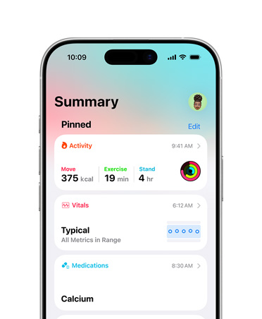 Připnutý souhrn údajů o zdraví na iPhonu