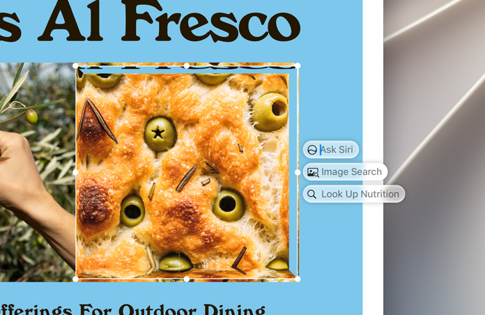 Vpravo od zvýrazněného obrázku oliv zapečených ve focaccie se zobrazí pole Visual Intelligence, Ask Siri, Image Search a Nutritional Value