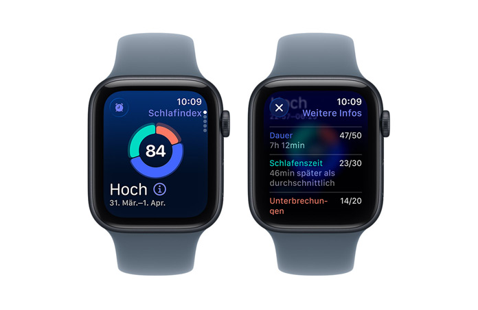 Apple Watch SE 3, Schlafindex, rundes Diagramm und Zahlenwert, Schlafphasen analysiert Wach, REM, Kernschlaf and Tiefschlaf Phasen