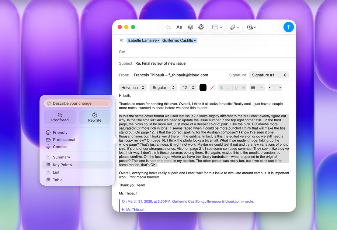 Die Mail App mit einem Bedienfeld mit Apple Intelligence Schreibtools, die Option „Stichpunkte“ ist hervorgehoben
