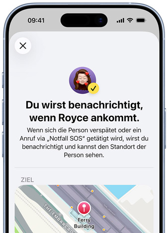 Ein iPhone Display zeigt eine Bestätigung, dass eine „Wo ist?“ Mitteilung eingerichtet wurde. Der Text lautet „Du wirst benachrichtigt, wenn Pedro eintrifft“, die Karte mit gepinntem Standort befindet sich am unteren Rand des Displays
