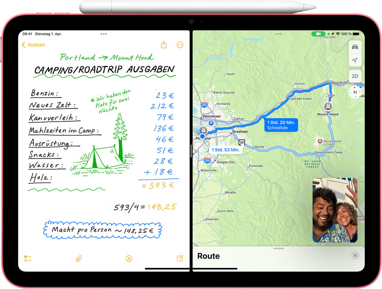 Mathematische Notizen in Karten mit einem FaceTime Bild‑in-Bild auf dem iPad.
