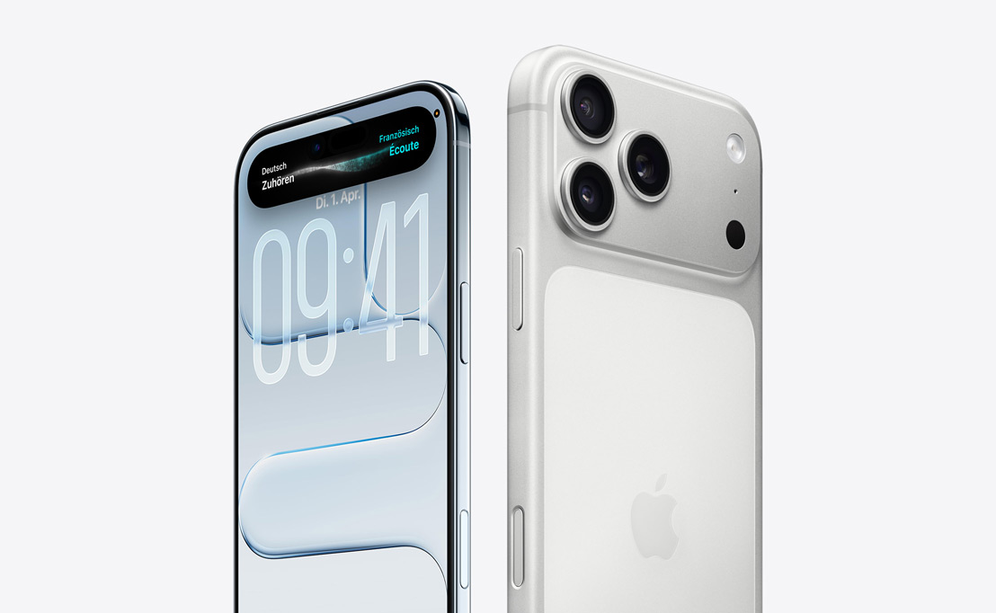 iPhone Air Vorderseite mit Liquid Glass Display und Dynamic Island, dünner Titanrand, iPhone 17 Pro Rückseite mit Pro Kamera-System oben links