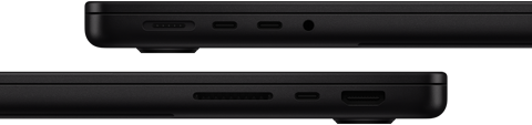 MacBook Pro liidesed – vasak pool: MagSafe 3 port, kaks Thunderbolt porti ja kõrvaklapipesa – parem pool: SDXC-kaardi pesa, üks Thunderbolt port ja HDMI-port