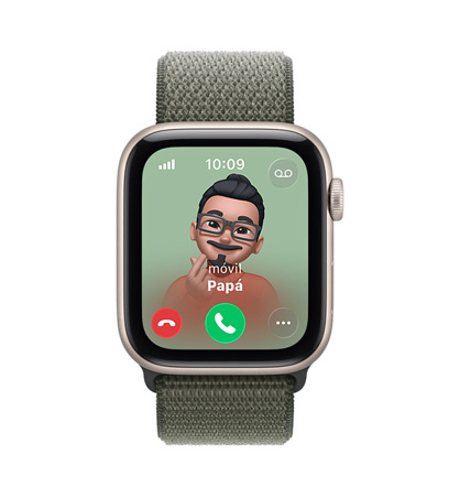 Apple Watch SE 3, caja de aluminio, color blanco estrella, llamada entrante de papá, foto de contacto de Memoji, botones de aceptar y rechazar llamada, correa Loop deportiva, color verde bosque
