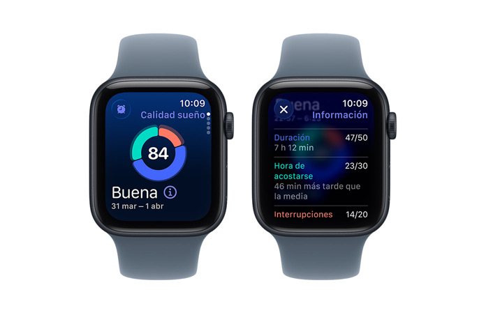 Apple Watch SE 3, Calidad del Sueño, gráfico circular y puntuación, Fases del Sueño analiza las fases de Vigilia, REM, Esencial y Profundo