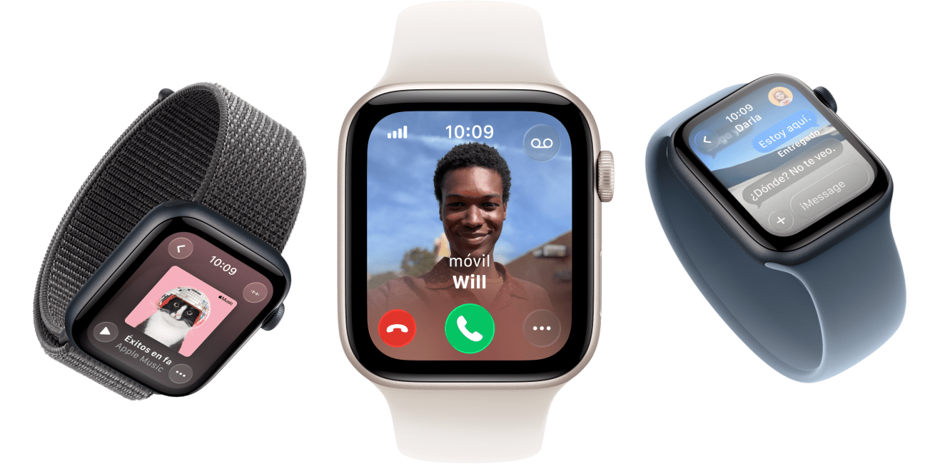 Dispositivos Apple Watch SE 3, cajas de aluminio, color blanco estrella y medianoche, correa Loop deportiva, color gris oscuro, correa Solo Loop, color rosa rubor, correa Solo Loop, color azul náutico, pantallas: Apple Music, llamada entrante, Mensajes
