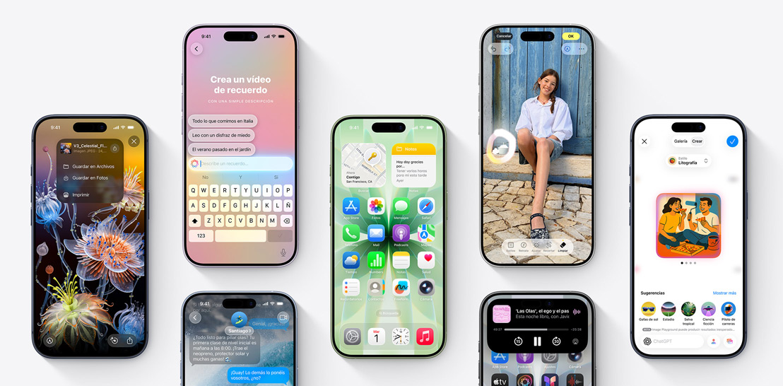 Varios iPhone 17 y iPhone 17 Pro con distintas prestaciones de iOS 26 y Apple Intelligence en pantalla