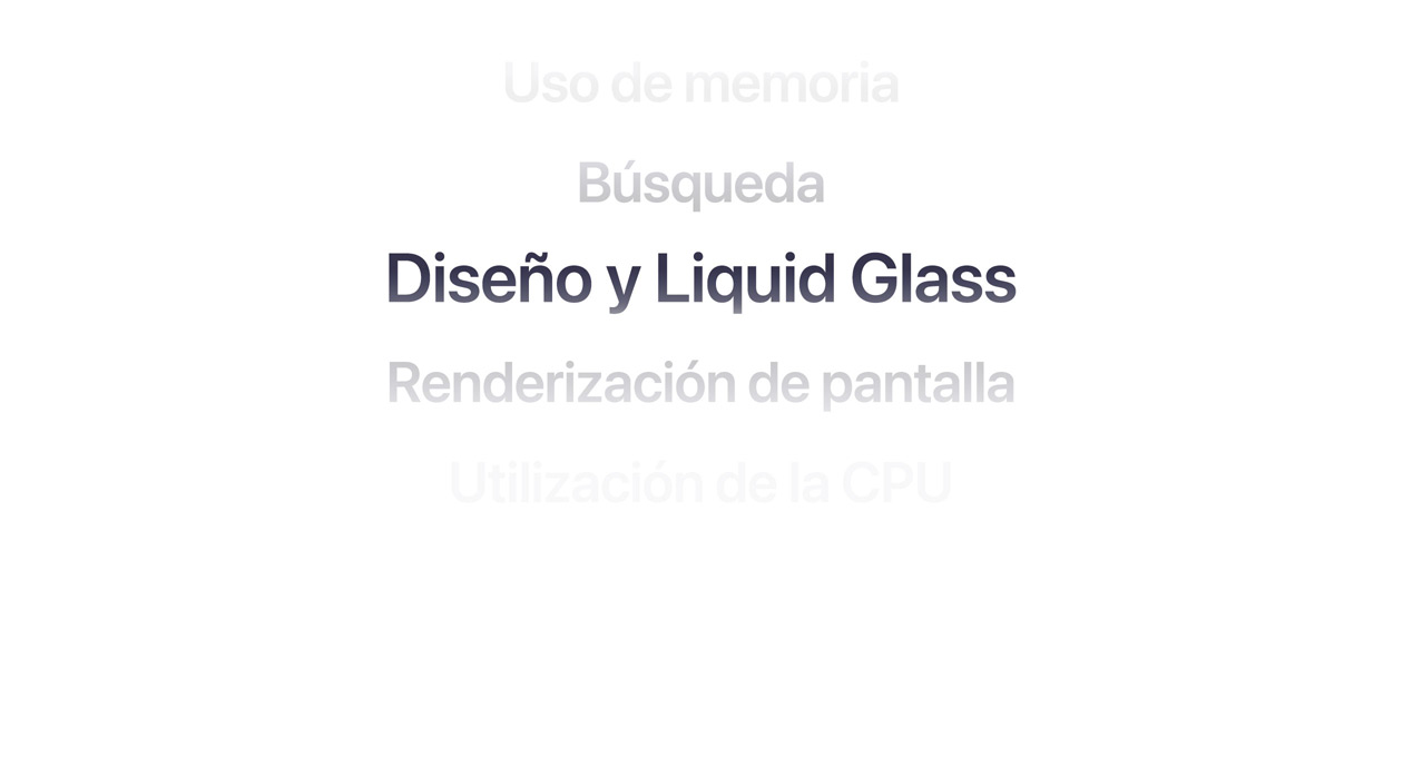 Texto que muestra distintas mejoras en el sistema operativo, como el uso de memoria, las búsquedas, el diseño con Liquid Glass, el renderizado en pantalla y la utilización de la CPU