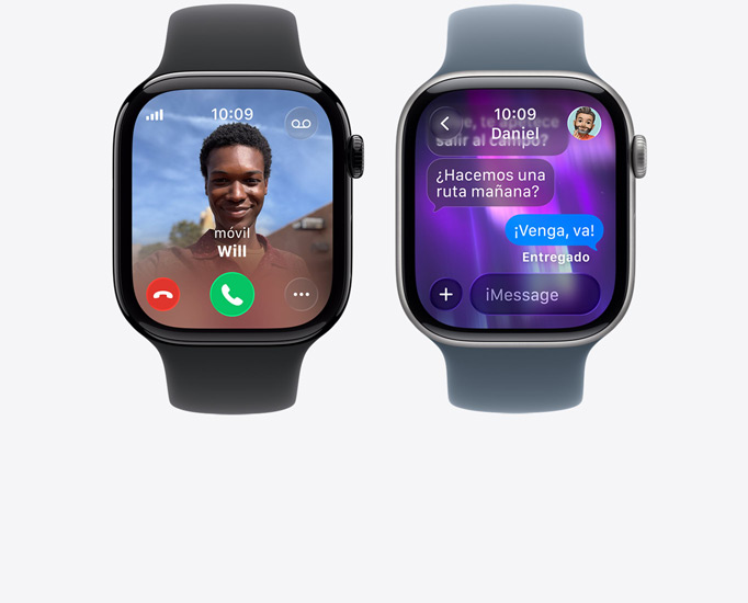 Dispositivos Apple Watch Series 11, llamada entrante, foto de contacto, botones para aceptar y rechazar la llamada, conversación de iMessage