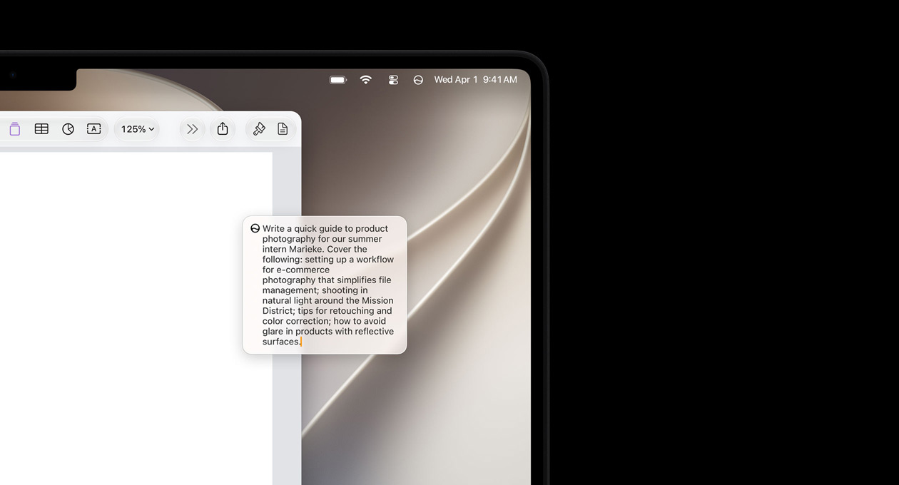 Linkerbovenhoek van een iPad met een open Pages-document, prompt om met Siri een eerste opzet van een tekst te schrijven