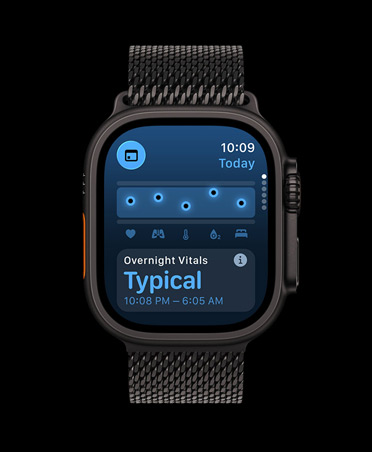 Apple Watch Ultra 3, musta väri, titaanikuori, titaanikuori, Elintoiminnot-appi, terveystuloksia esittelevä taulukko, ilmoitus yön aikana mitattujen elintoimintojen poikkeavuuksista, musta milanolaisranneke