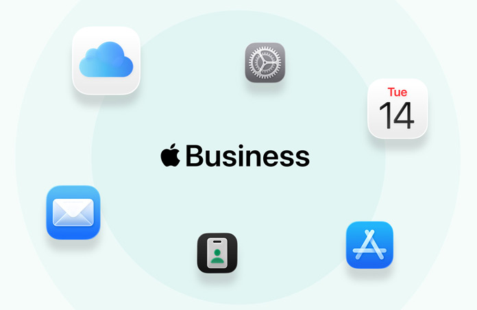 Apple Business, omgeven door appsymbolen: iCloud, Instellingen, Mail, Agenda, App Store, Apple Business-app