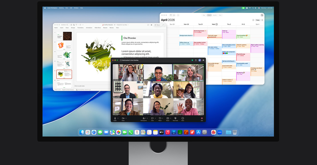 iMac-skærm, der viser et Zoom-videoopkald med flere deltagere, en kalender og en præsentation, der er åben i baggrunden