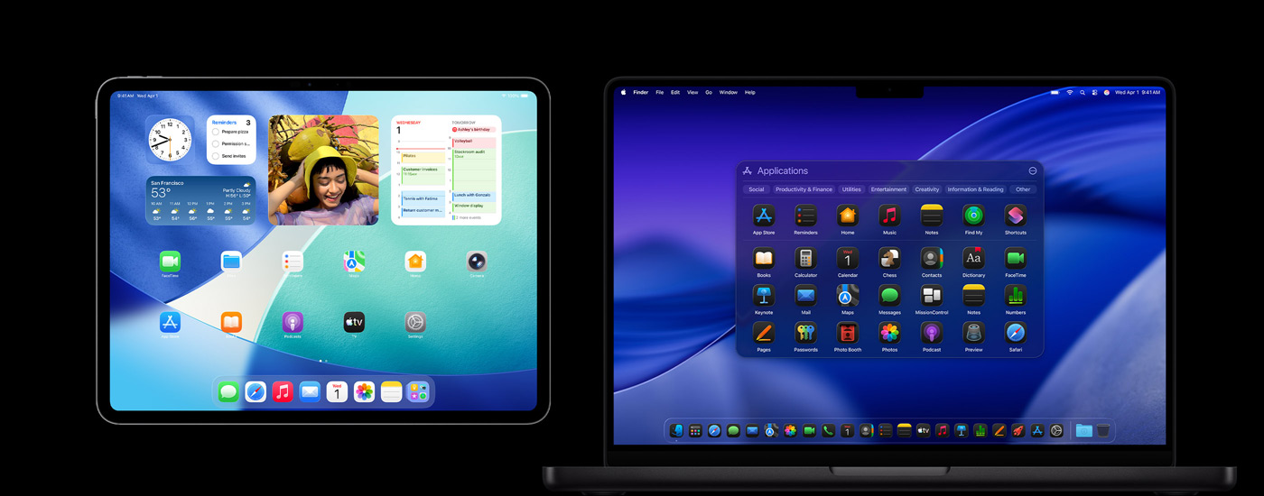 Een iPad en een Mac met diverse appsymbolen. Op de iPad staan verschillende widgets, waaronder Agenda, Weer en Foto’s. Op de achtergrond van de Mac staat macOS Tahoe.