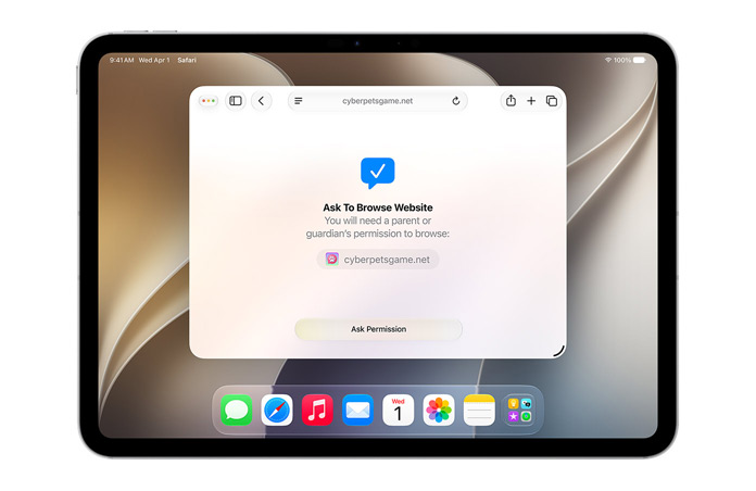 Op een iPad wordt de interface van Vraag om te Browsen weergegeven. De gebruiker krijgt een melding dat er toestemming nodig is om te browsen, met daaronder de knop Vraag toestemming.