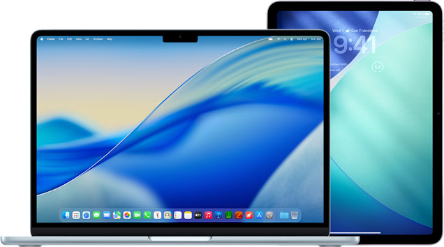 MacBook à gauche, iPad à droite, écrans affichant le même fond bleu et vert.