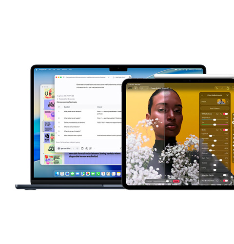 Un écran de Mac affichant Apple Intelligence, un écran d’iPad affichant Pixelmator Pro