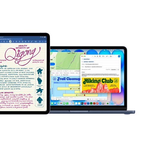 Ein iPad Bildschirm zeigt Goodnotes, ein Mac Bildschirm zeigt mehrere Apps, die gleichzeitig verwendet werden