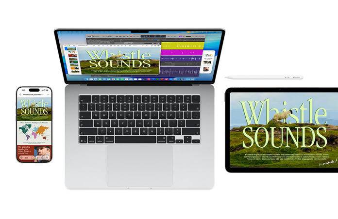 A Mac, iPhone and iPad display the same Whistle Sounds project across screens, showing how Apple devices work together seamlessly