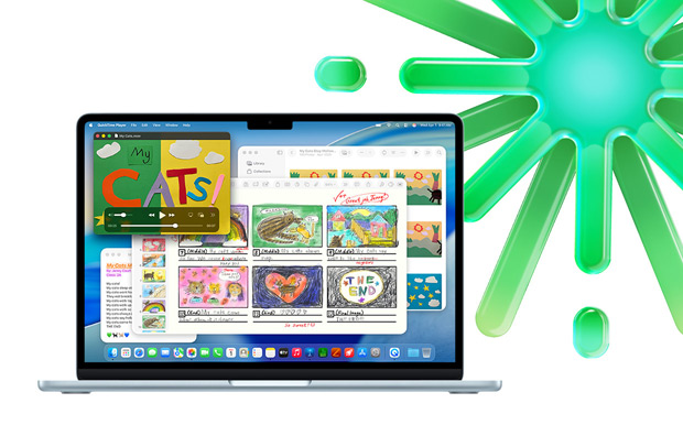 En MacBook i farven himmelblå med QuickTime, Noter, Keynote og Fotos viser muligheden for at multitaske på tværs af flere apps