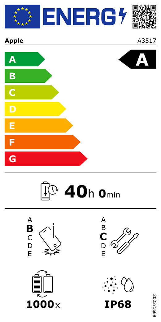 Etichetta energetica UE, codice QR e informazioni, modello Apple A3517, classe A, classi di efficienza energetica (con scala da A a G), da A (efficienza massima) a G (efficienza minima), autonomia della batteria per ciclo corrispondente a 40 ore e 0 minuti per ogni carica completa, classe di affidabilità B in caso di caduta libera ripetuta, da A (robustezza massima) a E (robustezza minima), classe di riparabilità C, da A (riparabilità massima) a E (riparabilità minima), durata della batteria 1000 cicli, protezione dall’ingresso di polvere e acqua (IP) di grado IP68, regolamento 2023/1669.