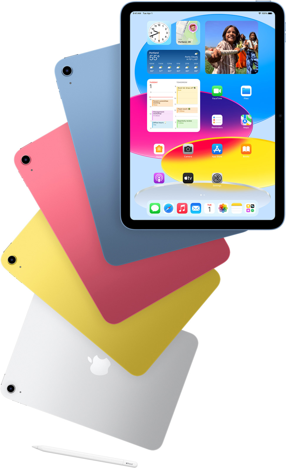 Edestä kuvattu iPad, jossa näkyy Koti-valikko, sininen, pinkki, keltainen ja hopeanvärinen iPad takaa kuvattuna. Apple Pencil järjestyksessä olevien iPad-mallien lähellä.