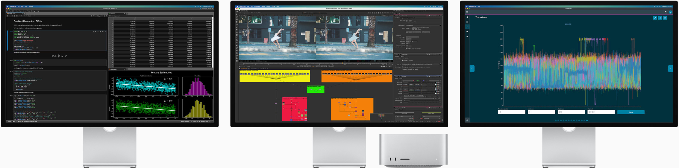 Mac Studio e três Studio Display, todos com diferentes apps para macOS no ecrã