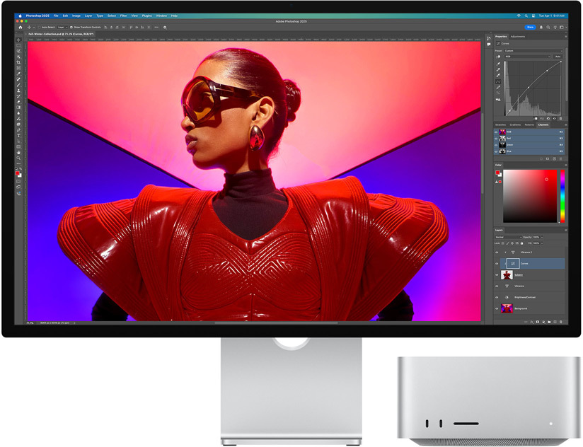 Imagem conjunta do Studio Display e Mac Studio com o Adobe Photoshop