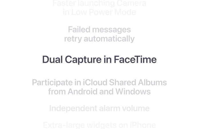 A vertical list of features, with “Dual Capture in FaceTime” displayed in bold at the centre. Surrounding listed features fade into the background above and below.