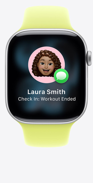 Apple Watch Series 11, urkasse av aluminium, i fargen sølv, Oppfølging-forslag i iMessage, Sport Band, i fargen neongul