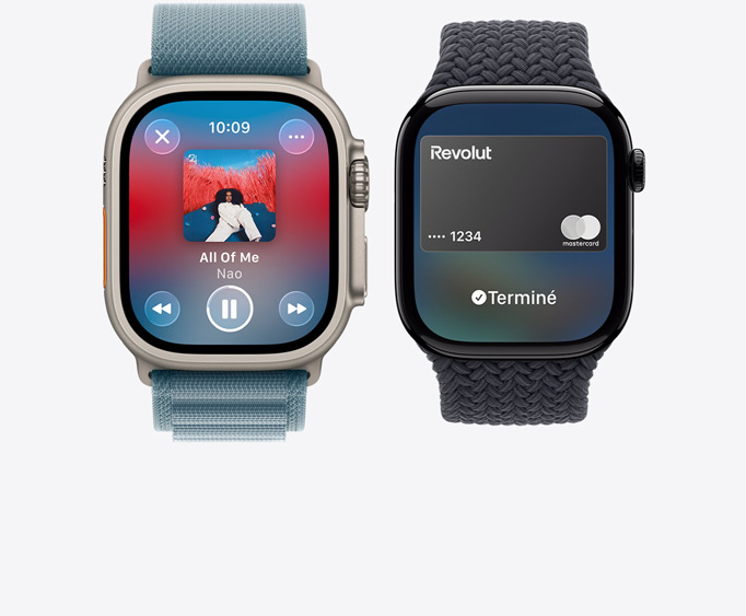Apple Watch Ultra 3, boîtier en titane, finition naturelle, app Apple Music, écran à l’écoute, Apple Watch Series 11, boîtier en aluminium, finition noir de jais poli, écran Apple Pay, Apple Card