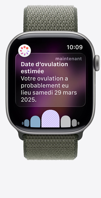 Apple Watch Series 11, boîtier en aluminium gris sidéral, notification de date d’estimation d’ovulation provenant de Suivi de cycle dans l’app Santé, Digital Crown, bracelet, Boucle Sport vert forêt