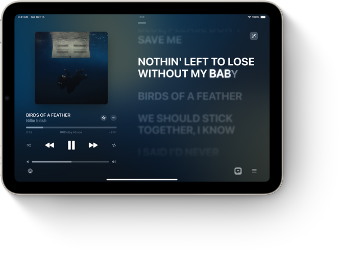 iPad mini, οριζόντιος προσανατολισμός, που δείχνει το Apple Music με στίχους τραγουδιών.