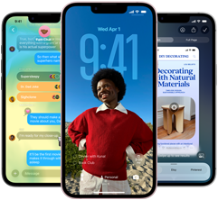 Τρεις συσκευές iPhone 17e, δείχνουν το app Μηνύματα με τη σχεδίαση Liquid Glass, δυναμική οθόνη κλειδώματος και την οπτική νοημοσύνη να χρησιμοποιούνται