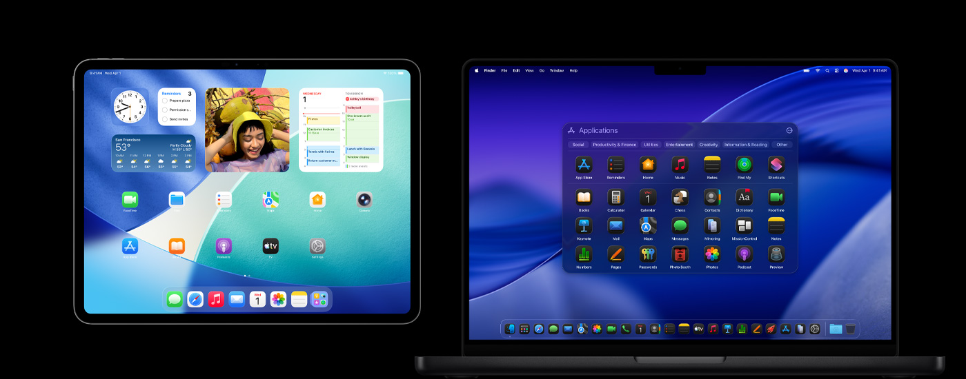 An iPad and a Mac displaying various app icons. The iPad shows several widgets, including Calendar, Weather, and Photos. In background of Mac is MacOS Tahoe.