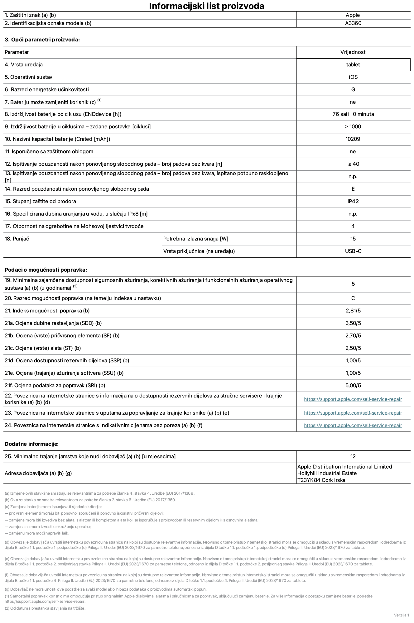 List s informacijama o proizvodu za 13-inčni iPad Pro M5 Wi-Fi, model A3360. Isporučuje Apple Distribution International Limited, Hollyhill Industrial Estate. Cork, Irska, T23 YK84. Vrsta uređaja: tablet. Operativni sustav: iOS. Klasa energetske učinkovitosti: G. Baterija koju može zamijeniti korisnik: ne. Trajanje baterije po ciklusu: 76 sati. Trajanje baterije u ciklusima – zadane postavke: 1000 ili više. Nazivni kapacitet baterije: 10.209 mAh. Isporučeno sa zaštitnom maskom: ne. Test pouzdanosti pri višekratnim slobodnim padovima – broj padova bez kvara: 40 ili više. Test pouzdanosti pri višekratnim slobodnim padovima – broj padova bez kvara testiranih u potpuno proširenom stanju: nije primjenjivo. Klasa pouzdanosti pri višekratnim slobodnim padovima: E. Ocjena zaštite od prodiranja: IP42. Specificirana dubina uranjanja u vodu u slučaju ocjene iPx8: nije primjenjivo. Otpornost na grebanje zaslona na Mohsovoj ljestvici tvrdoće: 4. Potrebna izlazna snaga punjača: 15 W. Vrsta utičnice punjača (na strani uređaja): USB-C. Minimalna zajamčena dostupnost sigurnosnih ažuriranja operativnog sustava, korektivnih ažuriranja i ažuriranja funkcija: 5 godina. Klasa popravljivosti: C. Indeks popravljivosti: 2,81/5. Ocjena dubine rastavljanja (SDD): 3,5/5. Ocjena pričvrsnih elemenata: 2,7/5. Ocjena alata: 2,5/5. Ocjena rezervnih dijelova: 1/5. Ocjena ažuriranja softvera: 1/5. Ocjena informacija o popravcima: 5/5. Poveznica koja vodi do informacija o dostupnosti rezervnih dijelova za profesionalne servisere i krajnje korisnike: https://support.apple.com/self-service-repair. Poveznica koja vodi do uputa za popravljanje za krajnje korisnike: https://support.apple.com/self-service-repair. Poveznica koja vodi do indikativnih cijena prije poreza: https://support.apple.com/self-service-repair. Ponuđeno je 12-mjesečno općenito jamstvo.